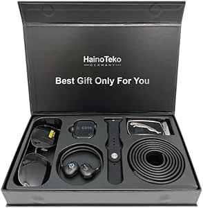 Haino Teko GP 22 Valued Combo Smart Watch With Wireless Charger And Men's Belt With Jaguar Buckle Sunglasses Men Best Gift Box With Waterproof Smartwatch And Wireless Neckband Earphones AMOLED Display